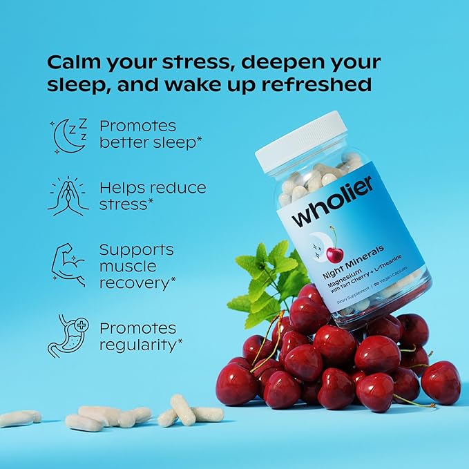 wholier Magnesium Glycinate, L-Theanine, Tart Cherry Juice. Natural Support for Sleep, Stress + Relaxation. Melatonin-Free. Night Minerals. (90 Vegan Capsules) Glass Bottle