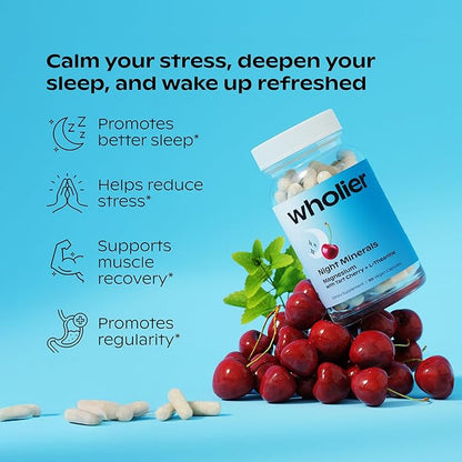 wholier Magnesium Glycinate, L-Theanine, Tart Cherry Juice. Natural Support for Sleep, Stress + Relaxation. Melatonin-Free. Night Minerals. (90 Vegan Capsules) Glass Bottle