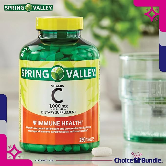 Spring Valley Vitamin C with Rose HIPS Tablets Dietary Supplement 1,000 mg 250 ct 4 pk (1000 Total) + Vitamin Guide & Pill Container (6 Items)!