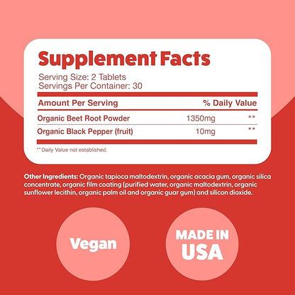 Feel Great Vitamins Organic Beet Root Powder Supplements (Tablets) | Beets Nitric Oxide Supplement | Red Beet Powder Support Healthy Circulation with Natural Nitrates for Natural Energy*