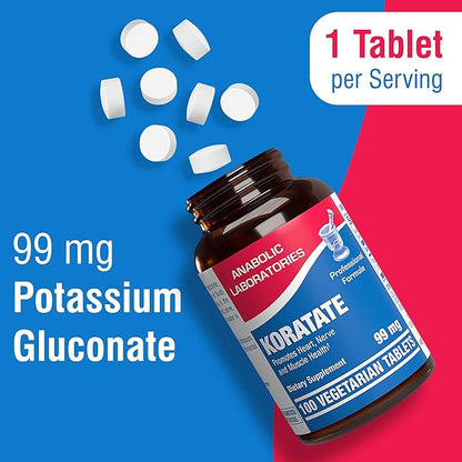 Potassium Supplement 99 mg - 100 Vegetarian Tablets of Potassium Gluconate - Promotes Heart, Nerve, and Muscle Health - Koratate