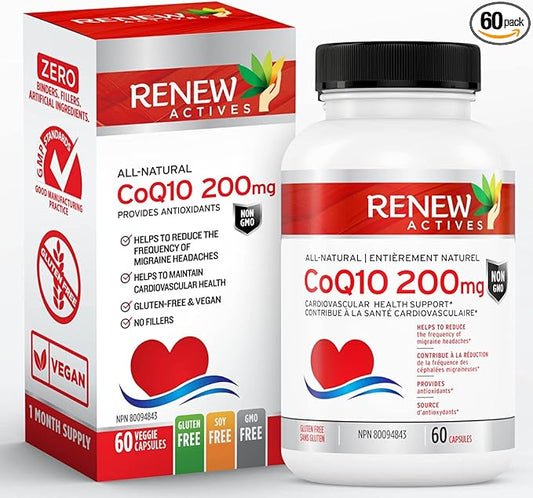 Renew Actives CoQ10 Ubiquinone Supplement 200MG per Serving – Supports Heart Health, Migraine Relief, Immune System Boost Antioxidant Support & Energy – High Potency, Made in Canada - 60 Capsules