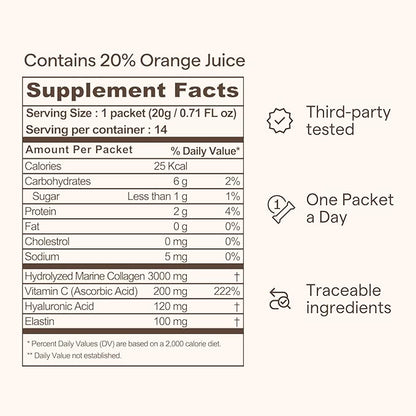 Triple Collagen Liquid Packets On-The-Go - Peptides with Hydrolyzed Marine Collagen, Elastin, Hyaluronic Acid and Vitamin for Healthy Skin - Orange Flavor - 14 Individual Stick Packs