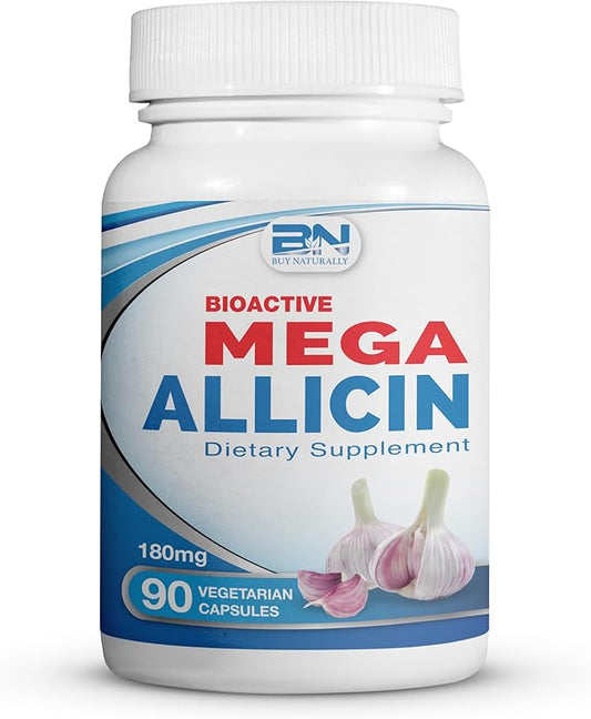 Potent Allicin Odor Controlled Garlic Supplement by Mega Allicin|180,000mcg (180mg) Veggie Capsules with Immune Support, Gluten-Free (90 Count)