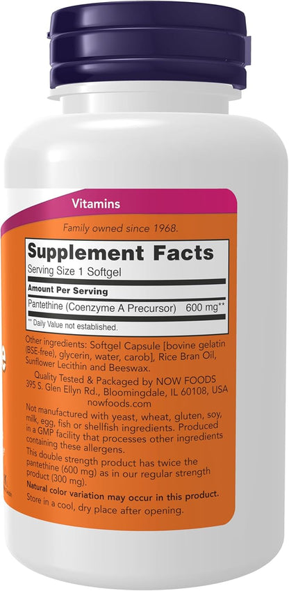 NOW Foods Supplements, Pantethine (Coenzyme A Precursor) 600 mg, Double Strength, Cardiovascular Health*, 60 Softgels