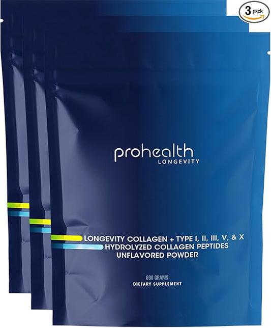 ProHealth Longevity Collagen Peptides Powder - for People Over 40. 20g Multi Collagen. 2g Pro-Collagen. Hyaluronic Acid. Type I, II, III, V, X for Joints, Bones, Hair, Skin, Muscles, Gut - (3 Pack)