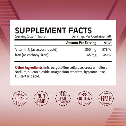 Carbonyl Iron with Vitamin C, Optimal Absorption, 65 mg Gentle Iron for Men & Women, Energy Support & New Red Blood Cell Formation, Easy on The Stomach, Vegan, Once Daily, Non-GMO, 60 Tabs