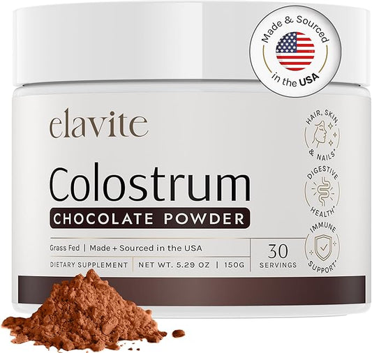 Bovine Colostrum Powder (Chocolate) Grass Fed Colostrum Supplement for Gut Health, Immune Support Healthy Hair, Skin & Nails - 30 Servings