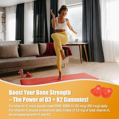 Natural Vitamin D3 K2 Gummies, 2000 IU Vitamin D3 & 100 mcg Vitamin K2,Supports Healthy Bone, Immune Health Supplement, GMO Free, Gluten Free (Strawberry, 60 Count)
