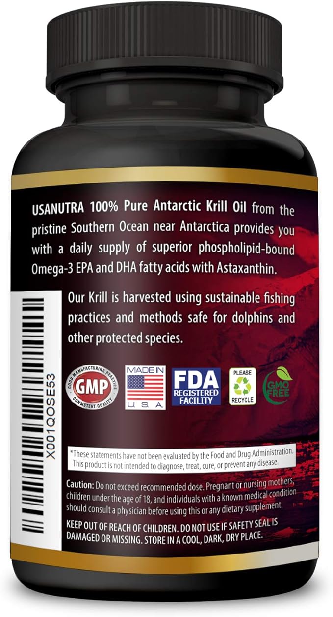 Antarctic Krill Oil Softgels 100% Pure with Omega-3 EPA DHA Astaxanthin 1000mg per Day (2 Softgels). Made in The USA