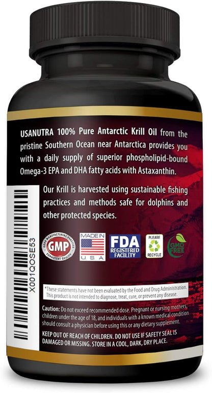 Antarctic Krill Oil Softgels 100% Pure with Omega-3 EPA DHA Astaxanthin 1000mg per Day (2 Softgels). Made in The USA