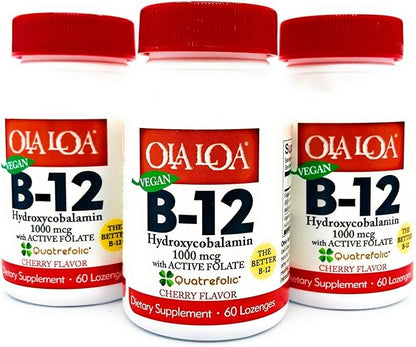 Ola Loa Vitamin B12 Sublingual Cherry Dietary Supplement - HydroxyCobalamin, Active Folate, Vegan Formula - Promote Your Body's Energy, Nerve, and Brain Support - 60 Tablets