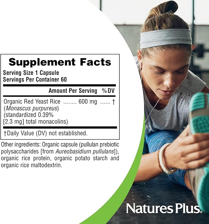 Natures Plus Source of Life Garden Certified Organic Red Yeast Rice - 600 mg, 60 Vegan Capsules - Nutritional Support for Overall Well-Being - Vegetarian, Gluten-Free - 60 Servings