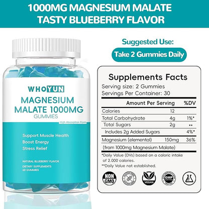 Magnesium Malate Gummies 1000mg, Enhanced Absorption Magnesium Chewables Supplement with Malic Acid for Energy Boost & Muscle Health, 60 Count