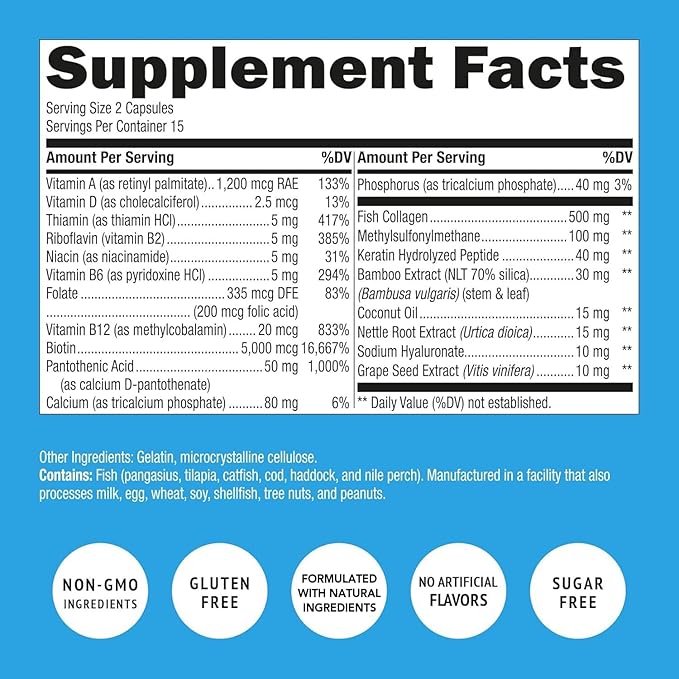 Biotin and Collagen Vitamins + Keratin with Folate - Hair Loss Treatments for Women & Men - Follicle, Skin and Nail Supplements for Hair Growth & Postpartum Support - GMO Free & Gluten Free (120 Caps)