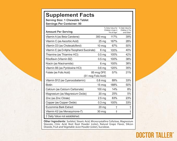 Doctor Taller Kids - Kids Multivitamins, Toddler Vitamins - Support Bone Strength, Enhanced Immunity with Calcium, Multivitamins for Ages 2 to 9 - Grape Flavor - 90 Vegan Chewable Tablets | 2 Pack