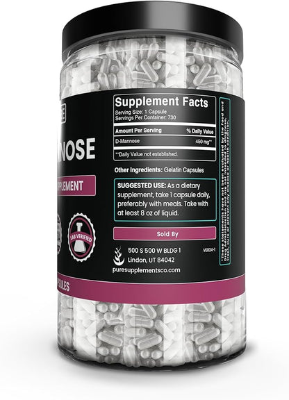 PURE ORIGINAL INGREDIENTS D-Mannose (730 Capsules) No Magnesium Or Rice Fillers, Always Pure, Lab Verified