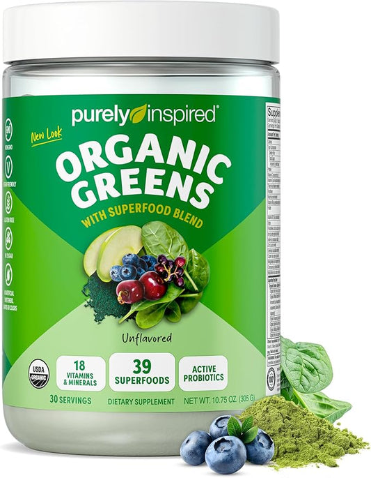 Purely Inspired Organic Greens Powder Superfood Smoothie Mix, Unflavored (30 Servings) - Super Greens with Probiotics, Spirulina & Chlorella for Gut & Digestive Health - Vegan & Gluten-Free