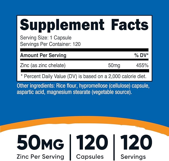 Nutricost Zinc Chelate 50mg, 120 Vegetarian Capsules - Gluten Free and Non-GMO