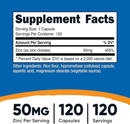 Nutricost Zinc Chelate 50mg, 120 Vegetarian Capsules - Gluten Free and Non-GMO