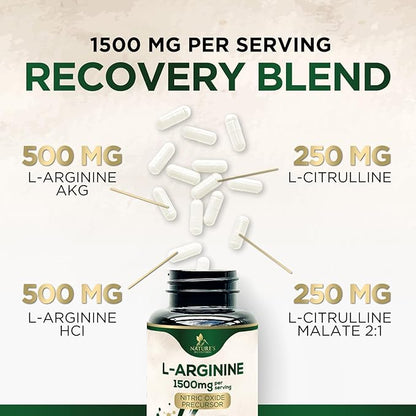 L-Arginine Supplement 1000mg - Heart Health Support - Premium Muscle Supporting Nitric Oxide Precursor Booster for Extra Strength - Gluten Free, Amino Acid Energy Blend For Men - 60 Capsules