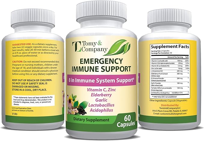 Emergency Immune Support Elderberry Capsules, for Men and Women, with Vitamin C, Vitamin D3, Zinc, Gluten Free, Vegetarian 60 Capsules