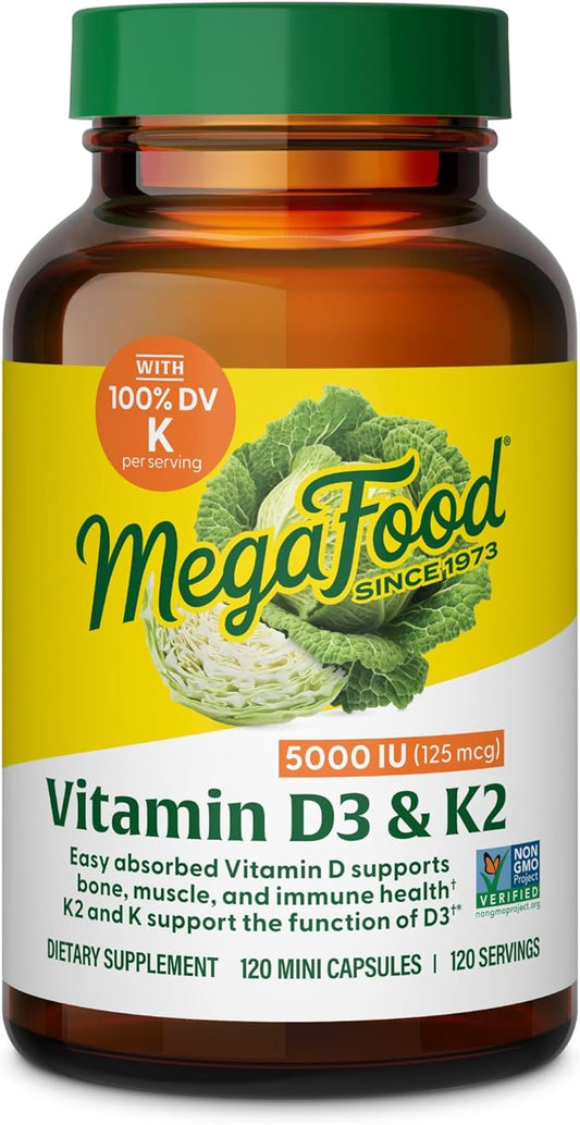MegaFood Vitamin D3 5000 IU (125 mcg) - Vegetarian Supplements with Vitamin D3 K2 - Supports Bones, Teeth, Muscles & Immune Health - Certified Non-GMO - 120 Mini Capsules, 120 Servings