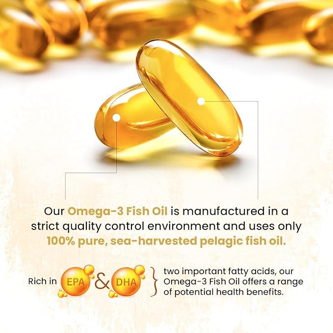 Omega 3 Fish Oil - 1200 MG Fish Oil, 720 MG Omega 3, Lemon Flavor, 60 Softgels, Natural EPA-DHA Softgels for Strength & Health, High Potency, Support for Women & Men