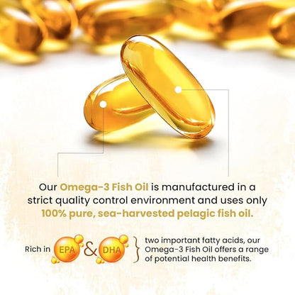 Omega 3 Fish Oil - 1200 MG Fish Oil, 720 MG Omega 3, Lemon Flavor, 60 Softgels, Natural EPA-DHA Softgels for Strength & Health, High Potency, Support for Women & Men