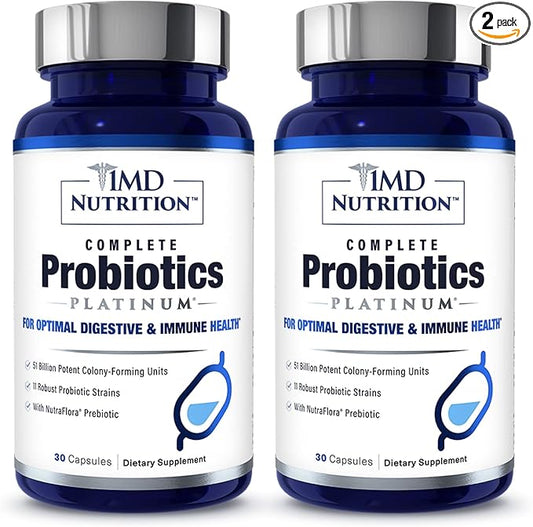 1MD Complete Probiotics Platinum | Supports Digestive Health | with Nourishing Prebiotics, 51 Billion Live CFU, 11 Strains, Dairy-Free | 30 Vegetable Capsules (2-Pack)