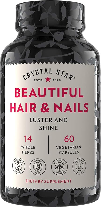 Crystal Star Beautiful Hair & Nail Supplement (60 Capsules) – Herbal Supplement Supports Thicker Stronger Hair & Nails – Horsetail, Nettle & Alfalfa – Non-GMO