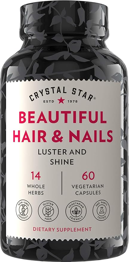 Crystal Star Beautiful Hair & Nail Supplement (60 Capsules) – Herbal Supplement Supports Thicker Stronger Hair & Nails – Horsetail, Nettle & Alfalfa – Non-GMO