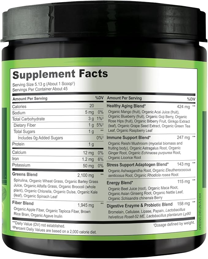 NATURELO Raw Greens Superfood Powder - Unsweetened - Boost Energy, Detox, Enhance Health - Organic Spirulina - Wheat Grass - Whole Food Nutrition from Fruits & Vegetables - 240 Grams