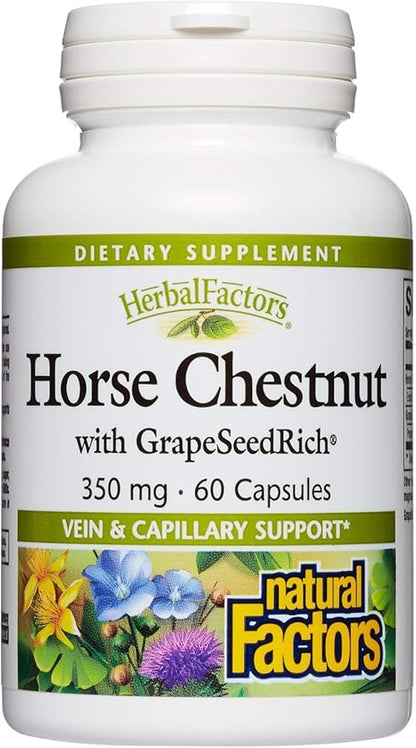 HerbalFactors by Natural Factors, Horse Chestnut, Antioxidant Support for a Healthy Circulatory System and Veins with GrapeSeedRich, 60 capsules (60 servings)