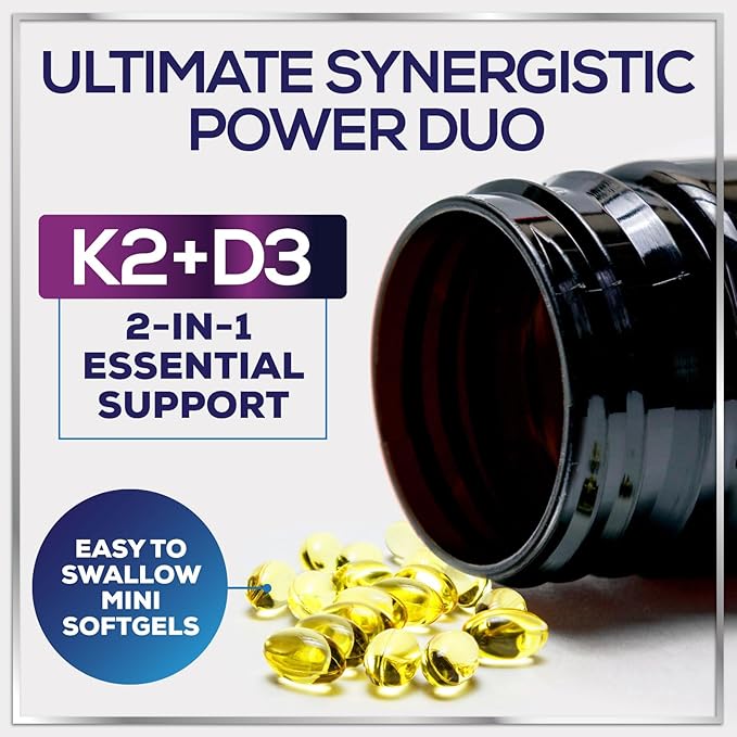 Vitamin D3 5000 IU with K2 100 mcg - D3 K2 Supplement, 2 in 1 Vitamins D & K2 Complex Softgels for Calcium Absorption, Bone, Teeth, Heart & Immune Support, Easy to Swallow, Non GMO - 120 Softgels