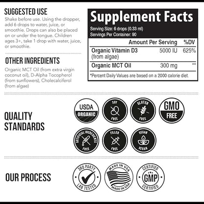 Plant-D3 Organic Vitamin D3 5000 IU - Vegan, Max Strength Sublingual Liquid D3 Drops - 200% Higher Absorption - 100% Plant-Based Cholecalciferol Form - Adjustable Dosing for All Ages (1oz Liquid)