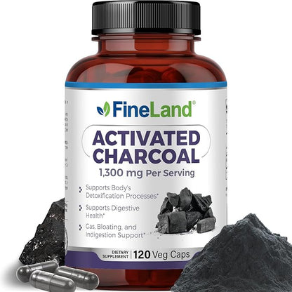FineLand Activated Charcoal 1300mg Capsules - Detox Cleanse, Gas & Bloating Relief, Circulation & Cholesterol Support - 120 Vegan Pills