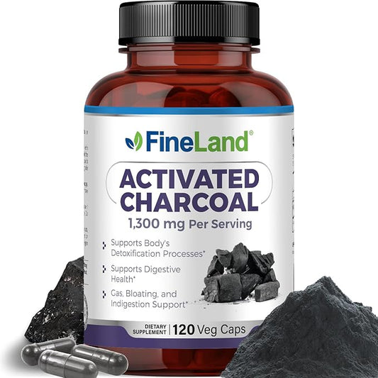 FineLand Activated Charcoal 1300mg Capsules - Detox Cleanse, Gas & Bloating Relief, Circulation & Cholesterol Support - 120 Vegan Pills