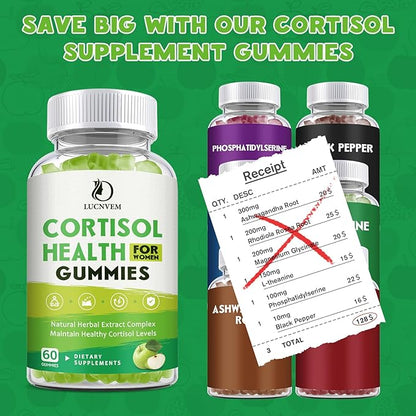 Cortisol Supplements Gummies for Women, Magnesium Ashwagandha Rhodiola Rosea and L-theanine Complex for Women, Maintain Healthy Cortisol Levels - 60 Day Vegan Supply