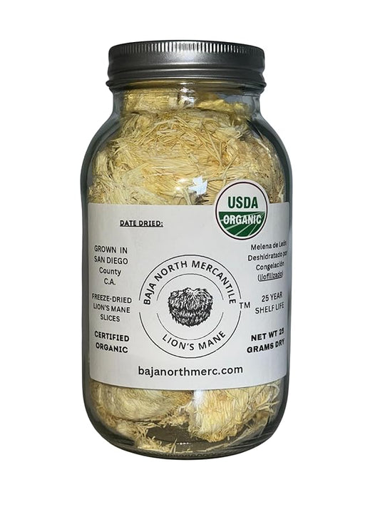 Freeze-Dried Lion's Mane Mushroom fruiting bodies Slices. Real Deal Large 25 Gram Jar. Great for tea or powder. Can be rehydrated and cooked or used as a herbal supplement. USDA organic. Excellent for Stamets Stack. No Refrigeration Required