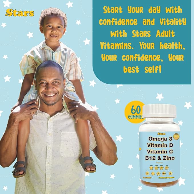 Adult Multivitamin Gummy with Omega 3, Chewable Multivitamin with Selenium, Vitamin A, B, C, D, Biotin, Multivitamin for Women, Multivitamin for Men, 60 Star Shaped Multivitamin Gummies