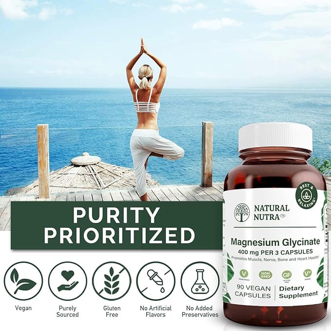 Natural Nutra Magnesium Glycinate 400 mg Supplement, Promotes Cardiovascular Health, Pure, Highly Bioavailable for Sleep, Vegan, Helps Improves Bone Health & Joint Flexibility, Soy Free, 90 Capsules