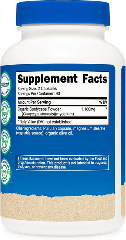 Nutricost Cordyceps Mushroom Capsules 1100mg, 90 Serv - CCOF Certified Made with Organic, Gluten Free, 550mg Per Capsule (180 Capsules)
