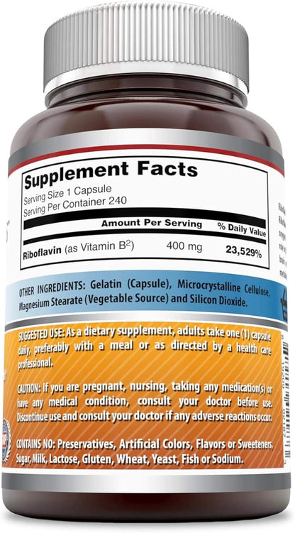 Amazing Formulas Riboflavin Dietary Supplement - 400 Milligrams - Promotes Healthier Blood - Helps Maintain Nervous System. (240 Capsules) (Non Gmo-Gluten Free)