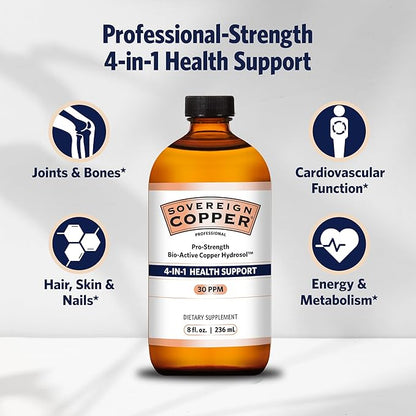 Sovereign Copper Pro-Strength Copper Hydrosol – Bio-Active Liquid Copper Supplements for 4-in-1 Health Support – 8 fl oz