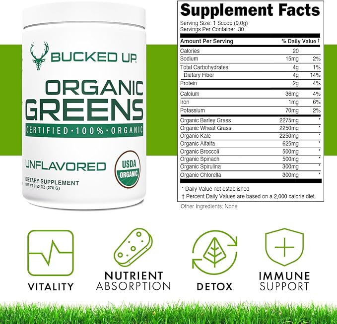 Greens Superfood Powder Unflavored | 8 Most Essential Mixed Greens | Certified 100% Organic | Chlorella, Spinach, Kale, Spirulina, Alfalfa, Broccoli, Wheat Grass, & Barley Grass | 30 SERV | 9.52 OZ