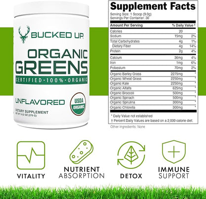 Greens Superfood Powder Unflavored | 8 Most Essential Mixed Greens | Certified 100% Organic | Chlorella, Spinach, Kale, Spirulina, Alfalfa, Broccoli, Wheat Grass, & Barley Grass | 30 SERV | 9.52 OZ