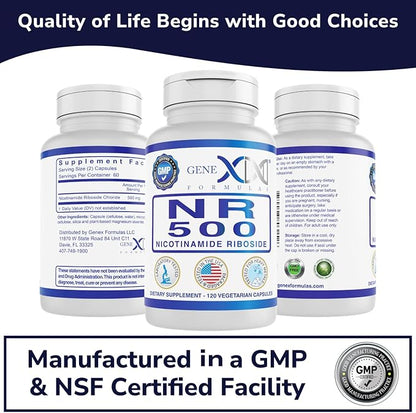 Genex Formulas NR Nicotinamide Riboside 500mg/Serving (120 Capsules) NAD+ Precursor for Healthy Aging - GMP-Certified, Non-GMO, Gluten-Free, Vegetarian (1 Pack)