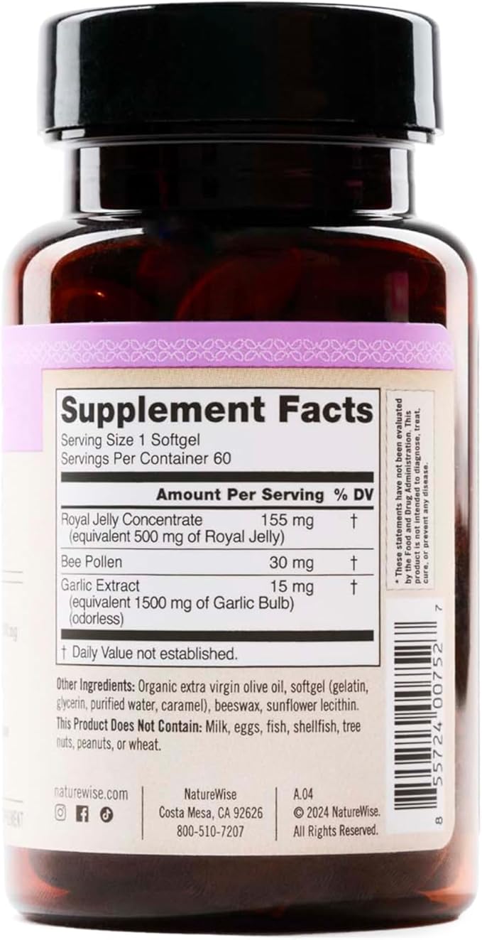 NatureWise Odorless Garlic Pills 1500 mg - with Royal Bee Jelly & Pollen - Herbal Supplement for Heart Health + Immune System + Antioxidants - Gluten-Free, Non-GMO - 60 Softgels [2-Month Supply]