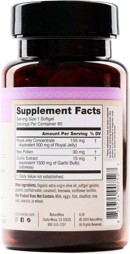 NatureWise Odorless Garlic Pills 1500 mg - with Royal Bee Jelly & Pollen - Herbal Supplement for Heart Health + Immune System + Antioxidants - Gluten-Free, Non-GMO - 60 Softgels [2-Month Supply]